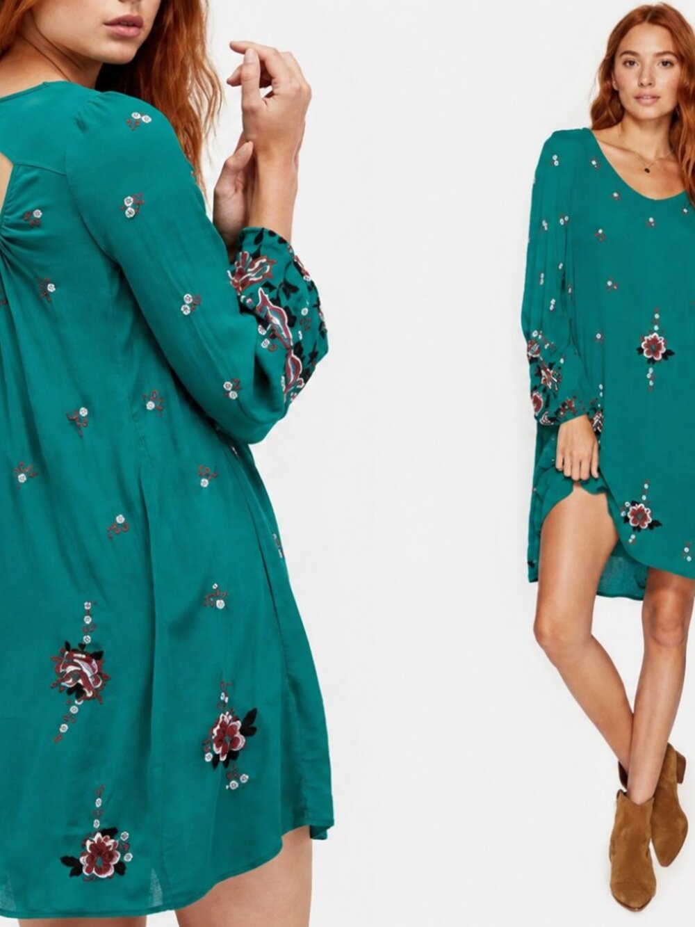 Free People Dress Womens Teal Green Embroidered Boho Tunic SP